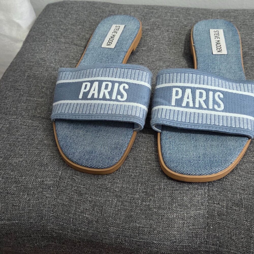 Steve Madden Denim Blue Paris Slides Size 7.5